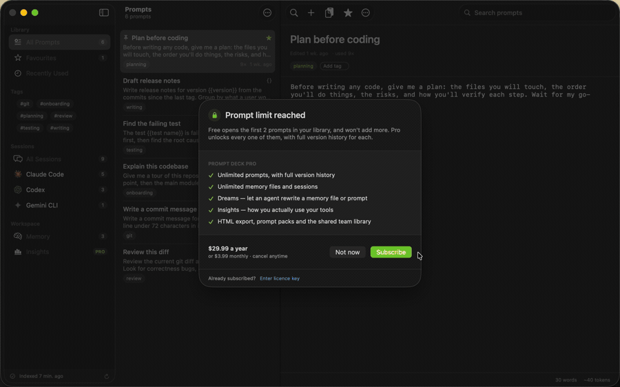 Prompt Deck demo: a prompt library, transcripts from several coding agents, and memory files in one window