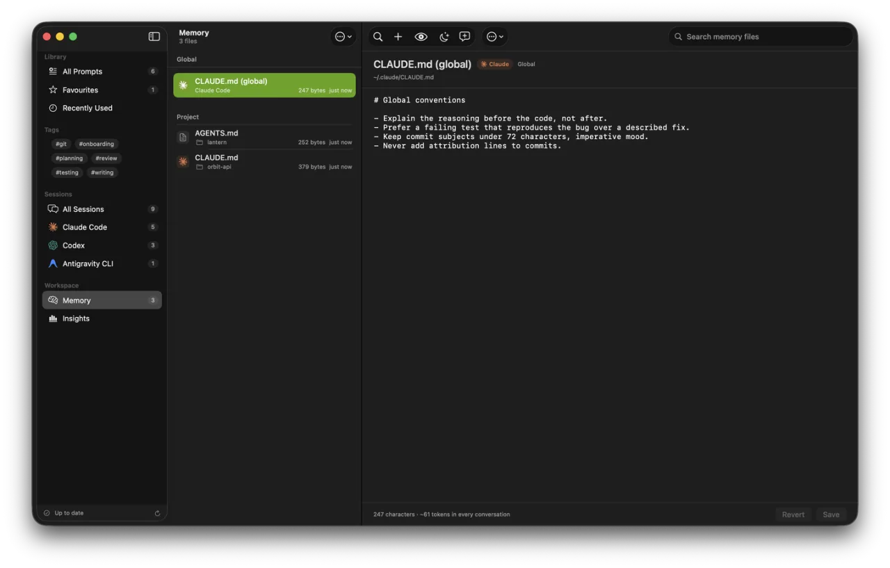 Memory files from several tools listed together, global and per project