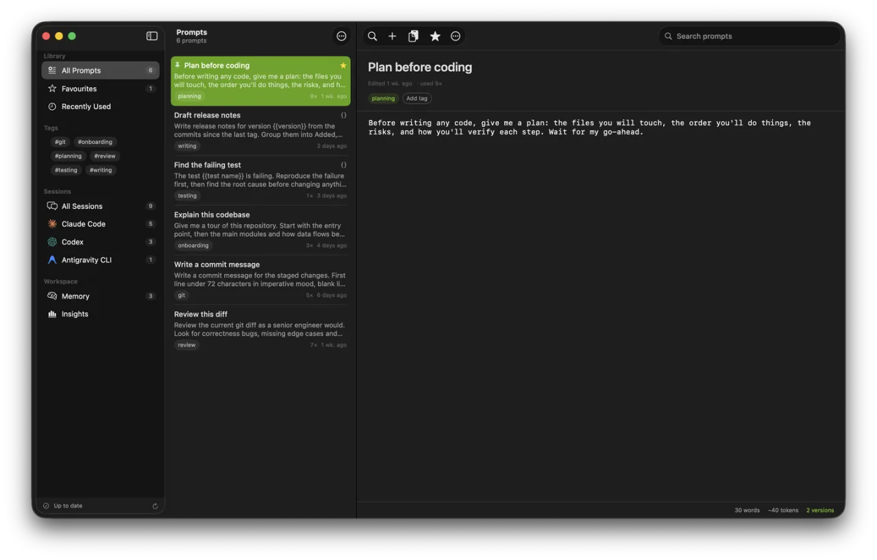 The prompt library with reusable prompts, tags and a prompt open for editing
