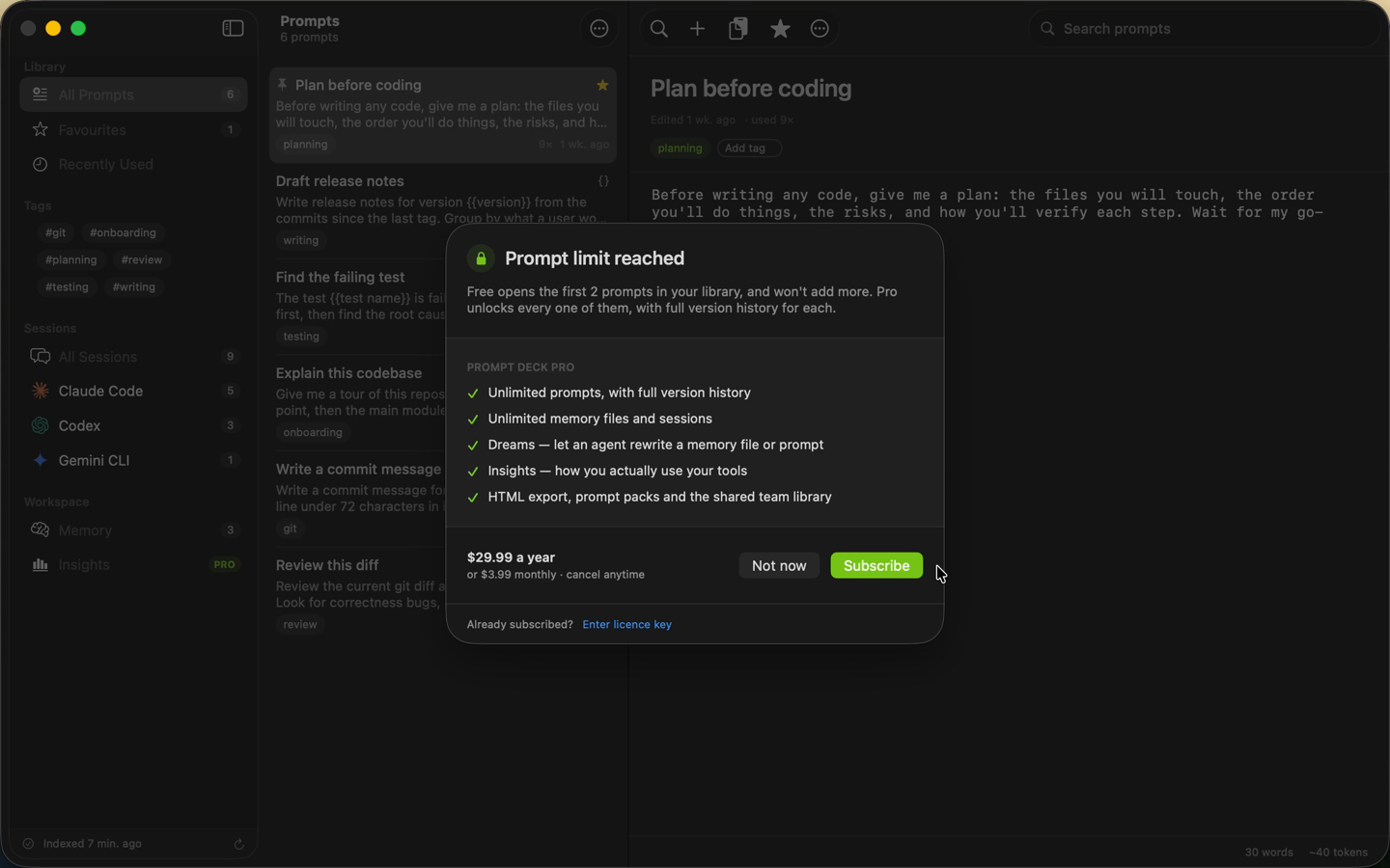 The prompt library with reusable prompts, tags and a prompt open for editing