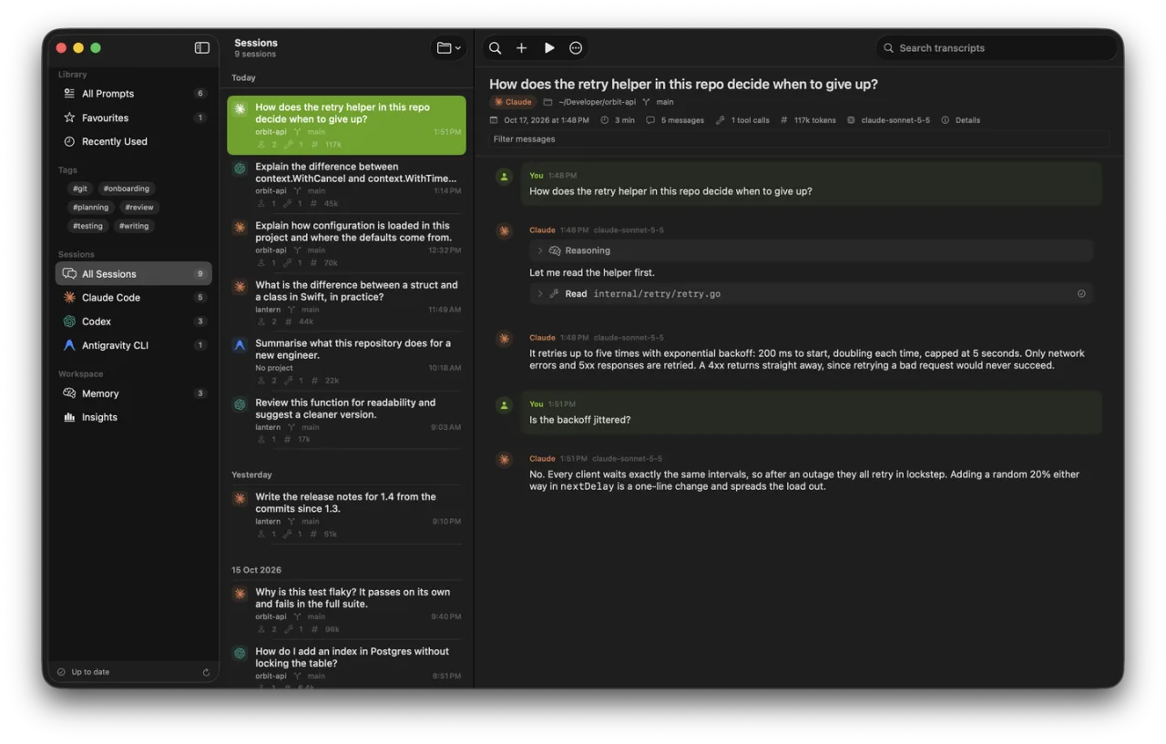 The sessions list grouped by day, with sessions from Claude Code, Codex and Antigravity CLI side by side
